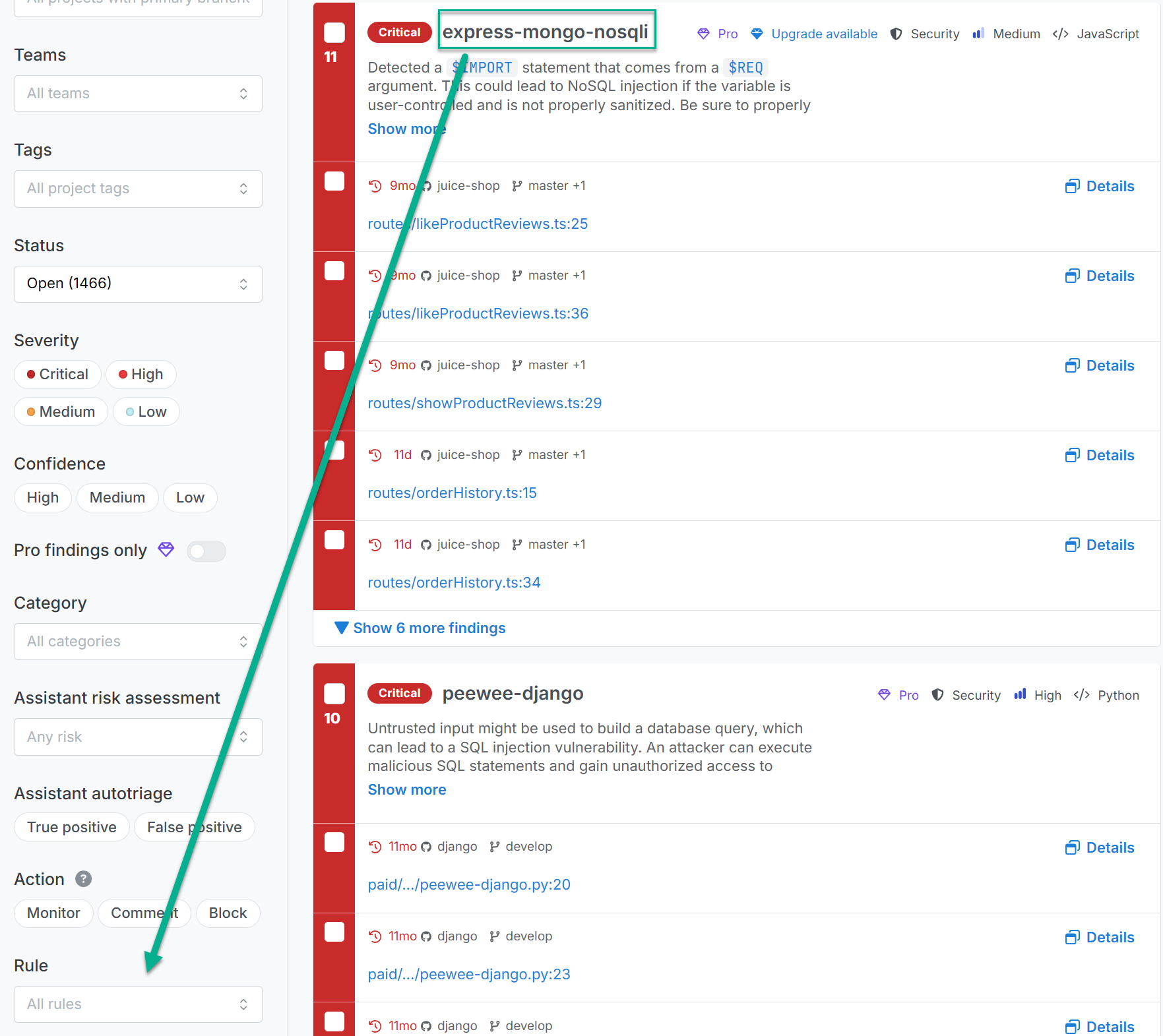 Rule ID and Rule filter placement.
